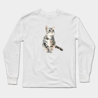 Watercolor Grey Tabby Cat Long Sleeve T-Shirt